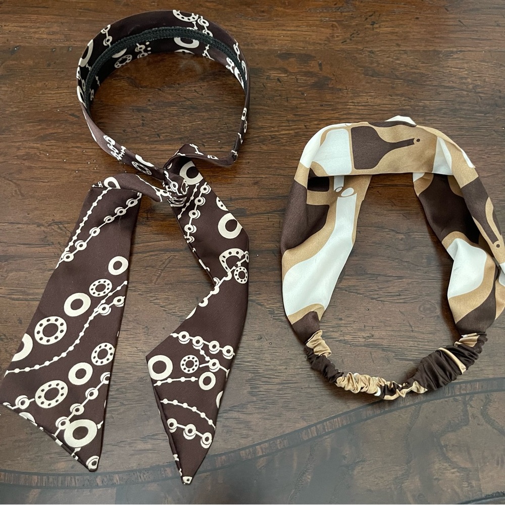 Headbands Set of 2 With Silky Designer Patterns Brown Ivory Cream Tan